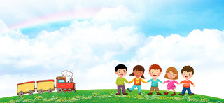 六一卡通61儿童节童趣蓝天白云彩虹绿地背景